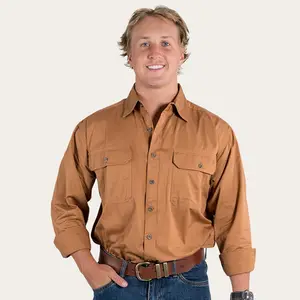 Men's custom khaki color cowboy cotton twill work shirt country heavy weight work shirts button up style
