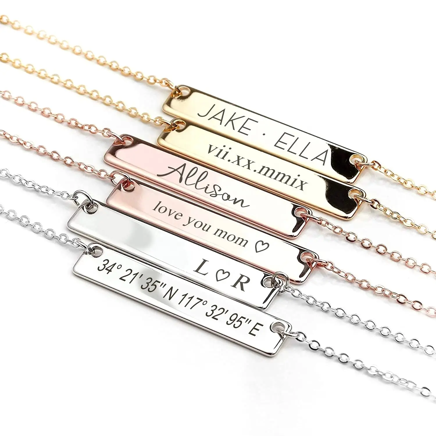 Stainless Steel Silver Rose Gold Blue Black 18K Gold Plated Customize Name Date Message Logo Blank Rectangle Plaque Bar Necklace