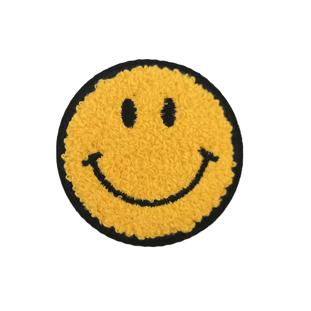 Geel Smiley Gezicht Chenille Geborduurde Patches Ijzer Op Custom Logo Klevende Letters Chenille Patches