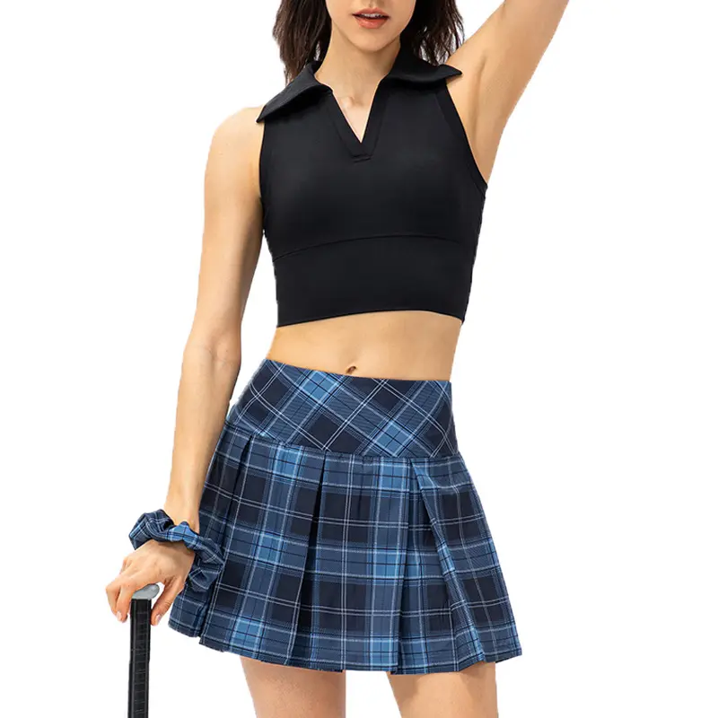 Nueva llegada popular Negro azul rejilla de cintura alta corto plisado Moda Ropa deportiva Estética Mini Mujeres Golf Tenis Falda