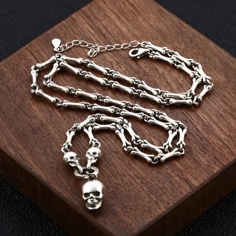 Wholesale S925 Sterling Silver Necklace for Men Skull Bone Stitching Necklace Retro Punk Rock Hip Hop Necklace Jewelry