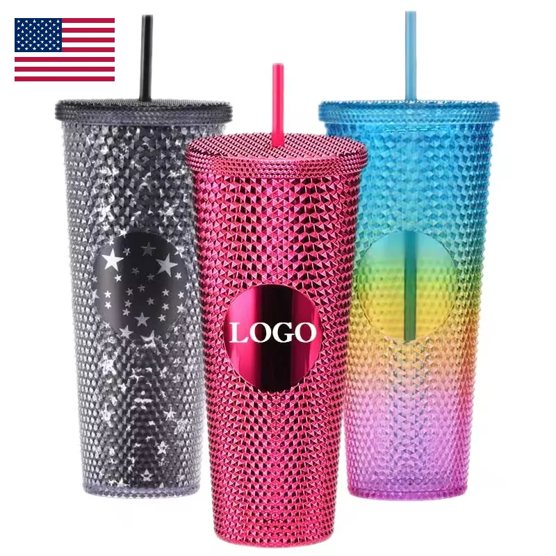 Vaso acrílico de doble pared con logotipo personalizado de 710ml y 24oz, copa de diamante reutilizable sin BPA con pajita para fiestas, bodas