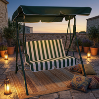 Chaise suspendue de jardin extérieure 2 places personnalisable (couleur, taille, logo) avec coussin rayé, auvent festonné et hamac de véranda en métal