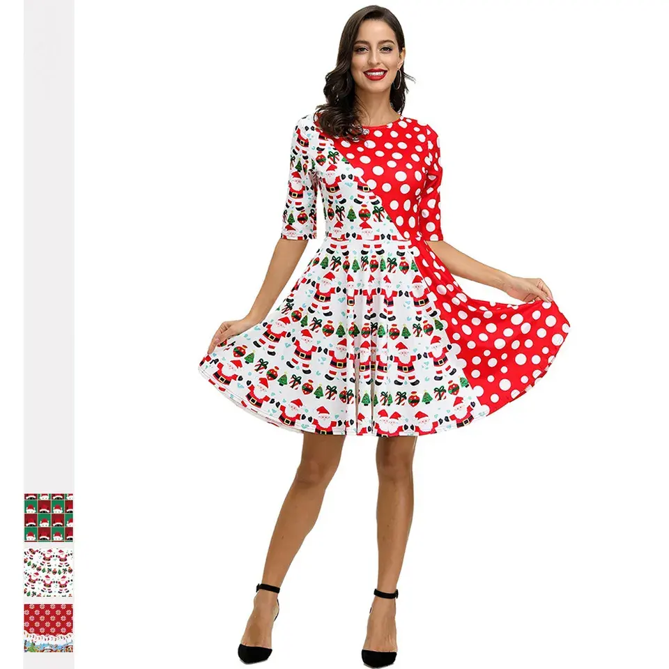 Female Dress Party High Waist Short Sleeves Christmas Print Christmas Dresses For Women Clothes Ladies