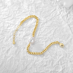 Bracelet unisexe OEM tendance avec breloque cubaine géométrique, perle baroque, laiton plaqué or 18 carats PVD, minimaliste, pour anniversaire - Product Image 4