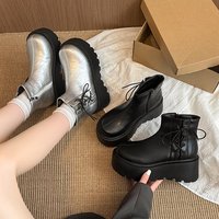 Bottines courtes confortables en PU métallisé avec lacets latéraux et fermeture éclair, à plateforme compensée, antidérapantes, à bout rond, pour la marche quotidienne, style gothique