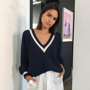 Suéteres Femininos de Tricô Estilo Preppy para Outono/Inverno, Decote em V, Casual, Tamanhos Grandes, Blusas de Tricô - Product Image 3