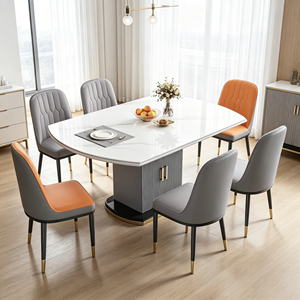 Ensemble de table à manger ovale moderne avec plateau en marbre blanc et 6 chaises en PU gris orange pour la maison, la villa, meubles de salle à manger - Product Image 3