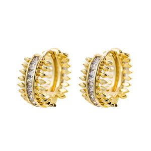 Pendientes de Aro con Doble Hilera de Espigas Doradas y Circonitas para Mujer, Joyería de Moda, Diseño Geométrico en Oro de 18K - Product Image 5