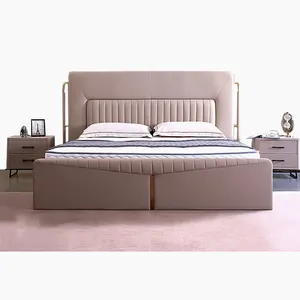 Итальянская кожаная бежевая кровать королевского размера с тумбочками, 3 звезды, стиль отеля