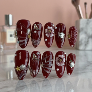 Faux ongles à presser rouge bordeaux, forme amande, couvrance totale, en ABS de qualité supérieure, avec fleurs 3D, strass, étoiles de mer et coquillages, 30 pièces, prêts à l'emploi avec colle, en stock, MOQ1 - Product Image 3