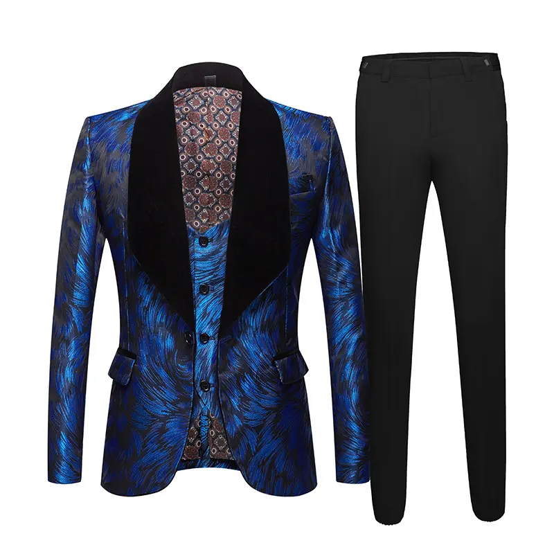 Mens Moda Big Xale Lapela 3 Peças Set Rosa Vermelho Azul Branco Preto Casamento Ternos Do Noivo Qualidade Jacquard Banquete Smoking