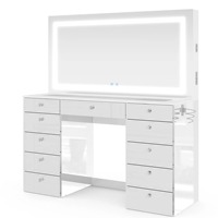 Table de toilette moderne européenne blanche à 11 tiroirs avec miroir spacieux, éclairage et prise de courant intégrée, MOQ 100