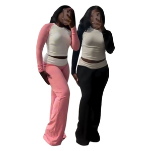 Casual Color Contrast Long Sleeve High-Waisted Slim Pants Fleece Suit 2 Pieces <b>Set</b> for Women Fashion - Product Image 1