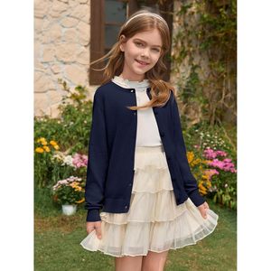 Cárdigan de Punto con Botones para Niñas, Manga Larga, Cuello Redondo, Color Sólido, Estilo Uniforme, 5-14 Años - Product Image 2