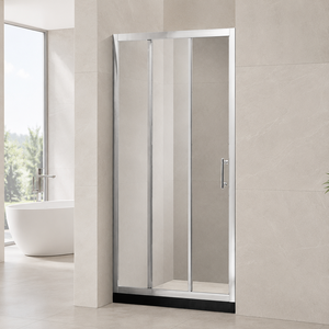 Porte de <span class=keywords><strong>douche</strong></span> <span class=keywords><strong>coulissante</strong></span> à 3 panneaux, cadre chromé, verre trempé, installation en alcôve, taille personnalisée, design moderne, rénovation de salle de bain - Product Image 1
