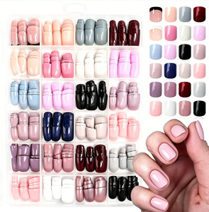 576 <span class=keywords><strong>faux</strong></span> ongles carrés courts brillants colorés à presser, avec pointe française blanche et noire, 24 couleurs unies rose et beige - Product Image 3