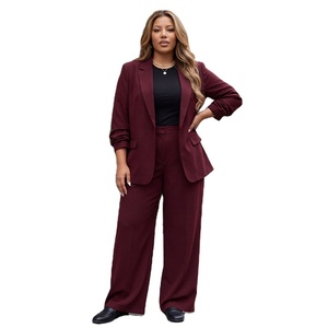 Completo da donna bordeaux in maglia antivento, taglie forti, con <span class=keywords><strong>blazer</strong></span> e pantaloni a gamba larga, ecologico - Product Image 1