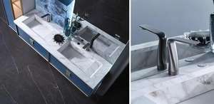 Mueble de Baño Romántico Azul con Doble Lavabo, Encimera de Mármol y Lavabo Empotrado - Product Image 2