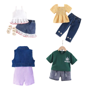 Nouvelles tenues d'été pour filles et garçons, vêtements pour enfants, ensembles de vêtements en coton pour enfants avec t-shirt, short en jean, pantalon - Product Image 5