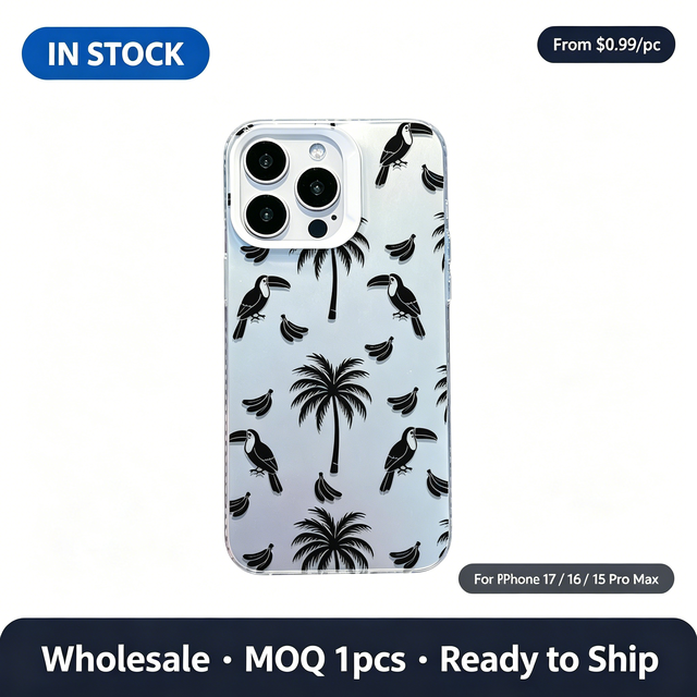 Cute Black Line Art Tropical Toucan & Palm Tree Pattern Matte White Phone Cover for iPhone 17 16 15 14 13 Pro Max