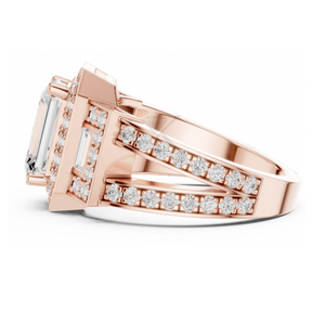 Bague de fiançailles Art Déco en or jaune, taille émeraude, avec halo géométrique de diamants, anneau à double sangle, bijoux de mariée élégants et luxueux - Product Image 6