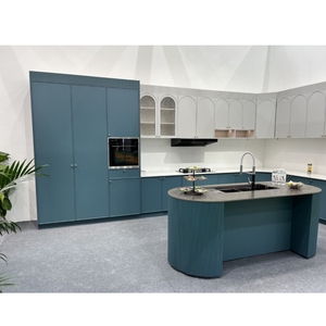 Mobili da <span class=keywords><strong>Cucina</strong></span> Moderni Eco-Friendly con Piano in Marmo, in MDF Smontabile, Verniciatura Blu Lucida per Appartamenti e Hotel - Product Image 2