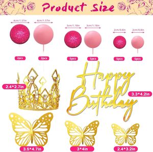 Lot de décorations de gâteau en forme de boule à paillettes rose vif, avec papillon doré et diadème, thème <span class=keywords><strong>Princesse</strong></span>, pour fête d'<span class=keywords><strong>anniversaire</strong></span> de fille, fournisseur OEM - Product Image 3