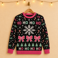 Pull en tricot HO HO personnalisé pour homme, Noël, noir, rose, motif canne à sucre, flocon de neige, ruban, nœud, arbre, intarsia, col rond, OEM ODM