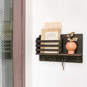 Porte-lettres <span class=keywords><strong>mural</strong></span> en bois avec 4 crochets doubles et une étagère flottante - Product Image 4