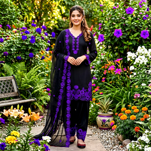 Salwar Kameez traditionnel pour femmes, noir et violet, brodé, coupe régulière, longueur cheville, en coton, tenue décontractée, style Inde Pakistan - Product Image 1