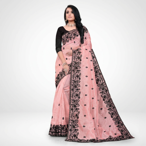 Elegante Saree de Organza con Bordado Negro, Adorno de Perlas y Blusa de Diseñador, Ropa Étnica para Mujer para Ocasiones Especiales - Product Image 4
