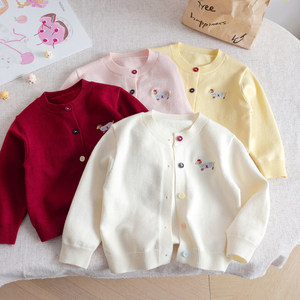 Cardigan in <span class=keywords><strong>maglia</strong></span> da <span class=keywords><strong>bambina</strong></span> in cotone, ricamato con simpatico cucciolo, girocollo, monopetto, stile coreano, Collezione Primavera/Autunno 2026 - Product Image 2