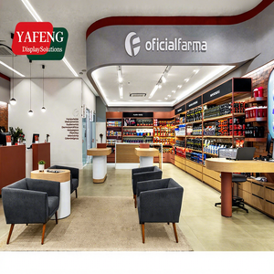 Il design moderno degli interni di una farmacia negli Stati Uniti IT è realizzato combinando un bancone da farmacia con struttura in metallo e impiallacciatura in legno - Product Image 1