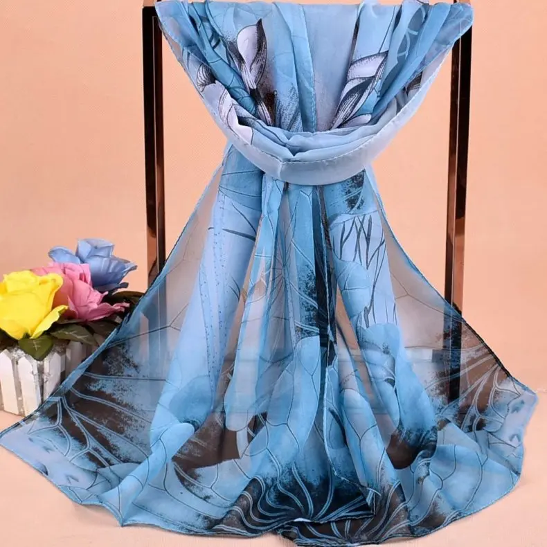 도매 패션 150*50cm 연꽃 인쇄 쉬폰 스카프 여성 경량 패션 히잡 숄 머리 스카프