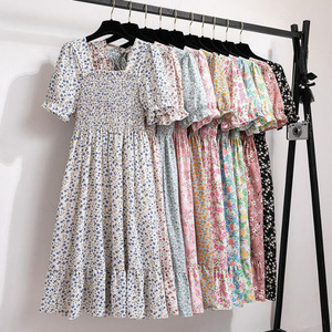 Vestidos de chifón plisados de verano para mujer, vestidos casuales de playa para vacaciones, manga corta, cuello cuadrado, vestido midi para mujer - Product Image 1
