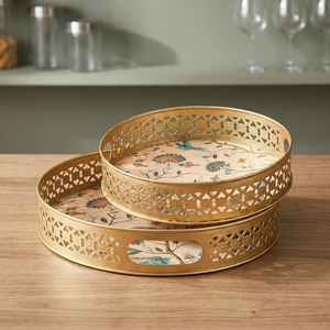 Floral Pattern <b>Serving</b> <b>Trays</b> Set of 2 Polished Metal Decorative Residential Use - Product Image 4
