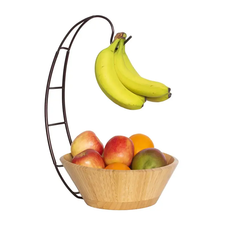 Encimera de cocina, estante de almacenamiento de exhibición de árbol de gran capacidad, cesta de frutas de Metal con Base de bambú con colgador de plátano, cesta de frutas