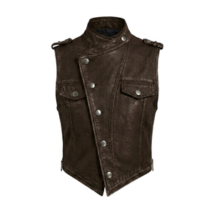Chaleco de moto de cuero genuino negro para hombre, cuello en V, cierre de cremallera, longitud corta, color sólido, ropa exterior - Product Image 1
