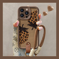 Coque de Téléphone Antichoc Tendance à Motif Léopard avec Cordon pour iPhone 16 15 14 13 12 11 Pro Max, Étuis pour Filles