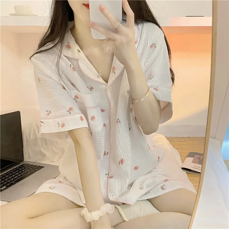 Summer lapel sweet cardigan print pajamas night sleep comfy long sleeve women's pajamas set cheap pajama sets home comfort wear