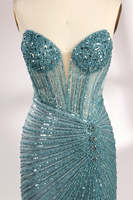 Robe de soirée sirène sexy en maille moulante à fines bretelles, en tulle et dentelle perlée, avec des perles brillantes