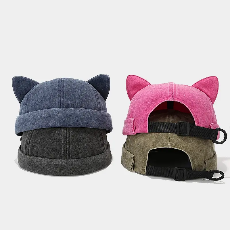 2024 New Coming 4 colores disponibles al por mayor algodón lavado animal oreja sombrero iluminado sombrero con oreja de gato sombrero