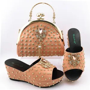 Italian Design Metal Rivet Decoration Crystal Metal Decoration Slope Heel Sandals Fashion Cool Women's Shoes and Bag Set