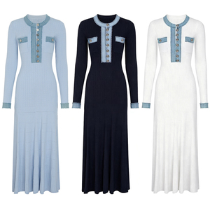 Elegante Abito Lungo Blu <span class=keywords><strong>in</strong></span> <span class=keywords><strong>Maglia</strong></span> a Costine con Bottoni e Maniche Lunghe, <span class=keywords><strong>Vestito</strong></span> Aderente da Donna con Inserti <span class=keywords><strong>in</strong></span> Denim - Product Image 2