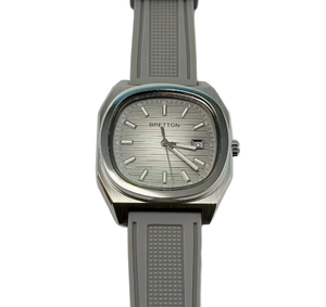 Orologio da <span class=keywords><strong>Uomo</strong></span> Quadrato con Quadrante Argentato a Strisce, Cinturino in Gomma Grigia, Display Data, Impermeabile, Movimento al Quarzo, Elegante Casual Business - Product Image 1