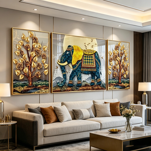 Factory Wholesale Hot Sale 3 Panels <b>Framed</b> Wall Art Auspicious Elephant Golden Money Tree Gold Rose Crystal Porcelain <b>Painting</b> - Product Image 5