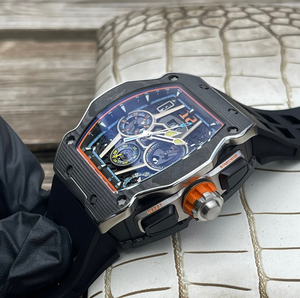 Montre chronographe sport de luxe pour homme, forme tonneau, finition fibre de carbone, squelette, automatique, mécanique, montre-bracelet de course - Product Image 3