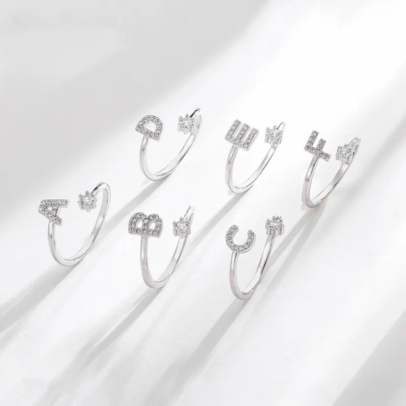 S925 anel de prata esterlina com 26 letras inglesas coreano moda aberto diamante anel 2024 novo anel de jóias para as mulheres