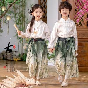 Vêtements de culture chinoise Hanfu pour enfants, costume ancien de style chinois, chemise bleue teinte à l'encre DZZ, pour garçons de maternelle et d'école primaire - Product Image 1